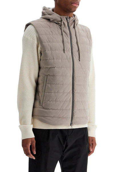 sleeveless down jacket in dove gray polyester with quilted hood PI001221U 12454 TORTORA