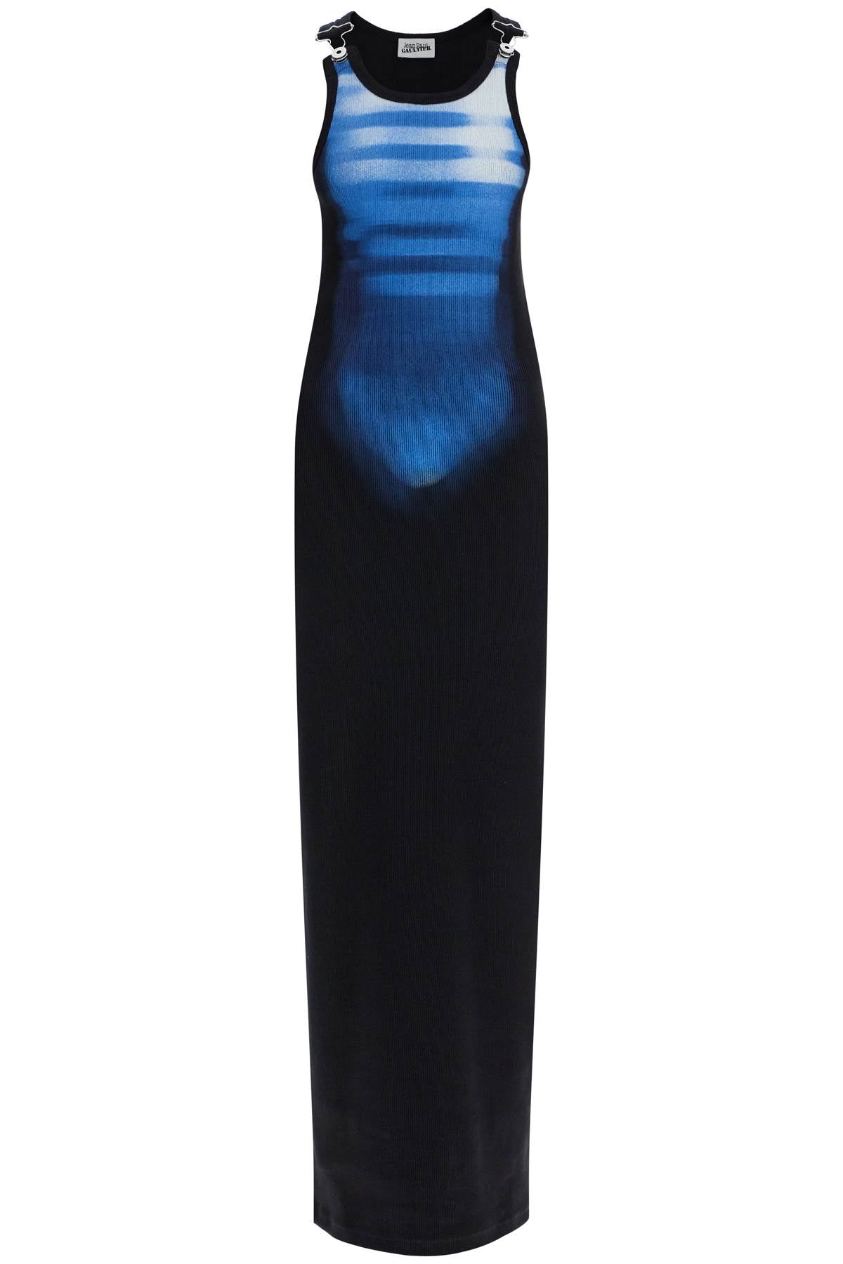 long fitted sleeveless dress in black and blue ribbed cotton RO373I J581 BLACK/BLUE