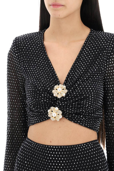 Self portrait rhinestone-studded cropped top with diamanté brooches RS24 110T B BLACK