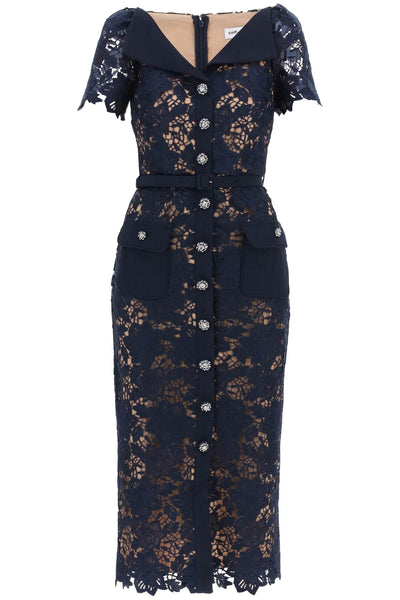 Self portrait guipure lace dress with diamanté buttons RS24 126M BL NAVY