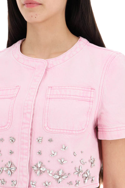 denim crop top with crystals embellishments SS24 826T P PINK