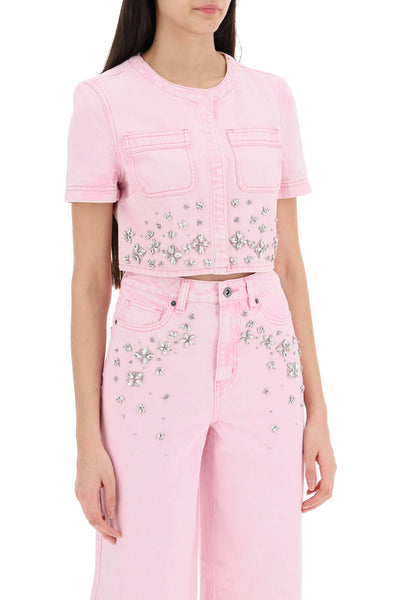 denim crop top with crystals embellishments SS24 826T P PINK