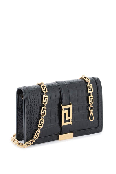 Versace croco-embossed leather greca goddes crossbody bag 1007220 1A08724 BLACK VERSACE GOLD