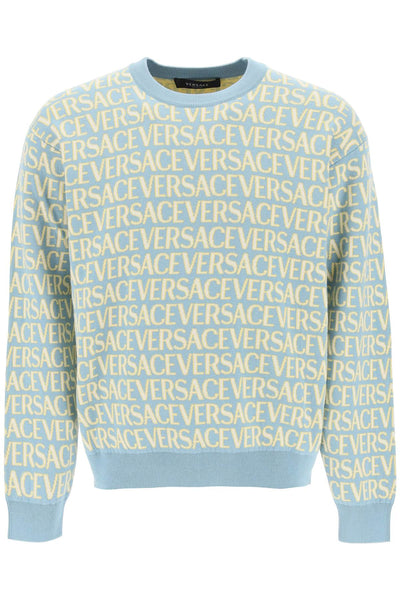 Versace 交織字母棉質毛衣 1010249 1A07466 淺藍色象牙色