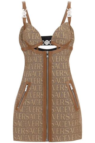 Versace 字母圖案迷你連身裙，皮革飾邊 1011233 1A03315 棕色米色