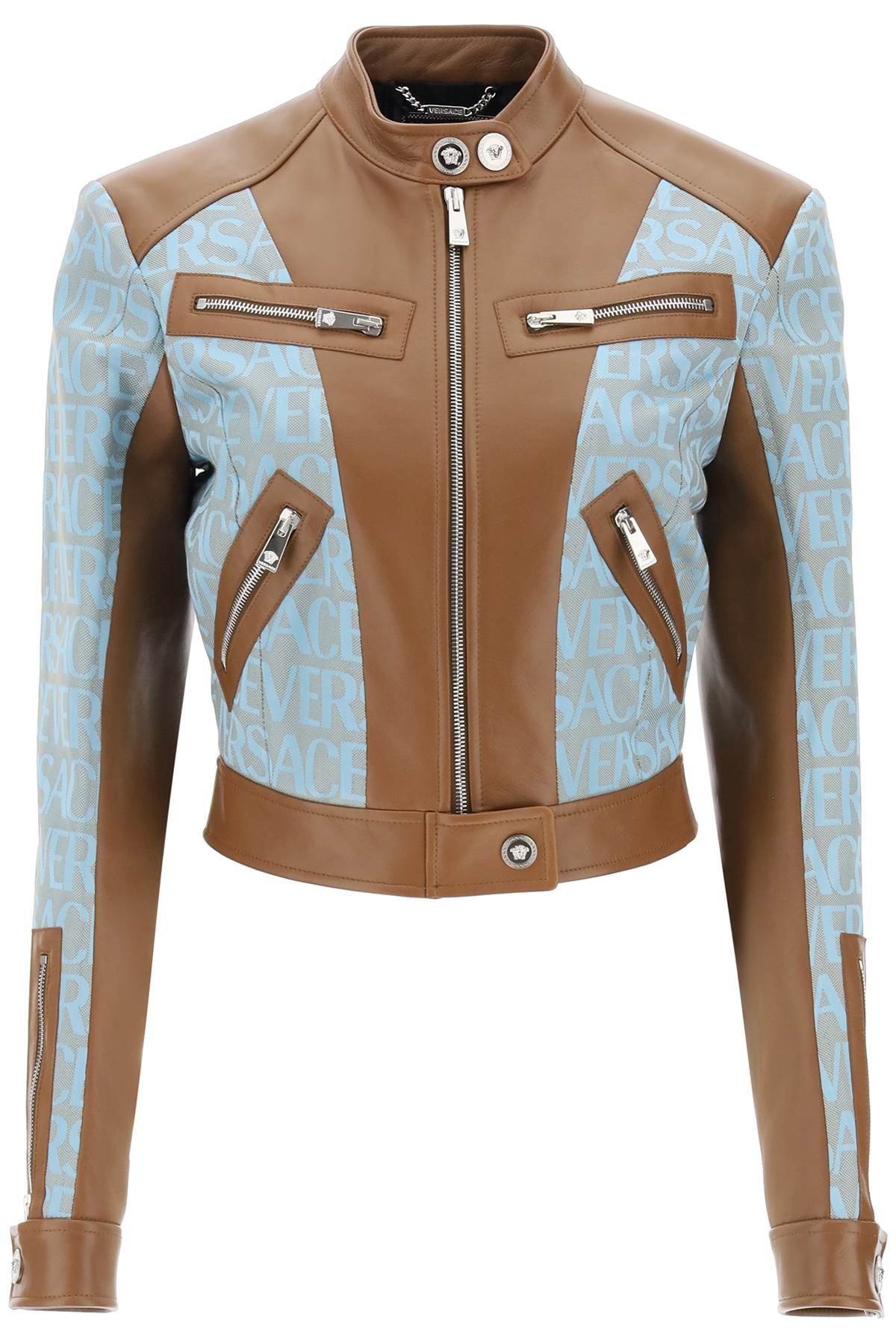 Versace 'versace allover' lamb leather biker jacket 1011234 1A08206 PALE BLUE BEIGE