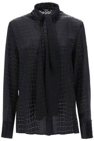 Versace crocodile effect tie-neck shirt 1011258 1A08784 BLACK