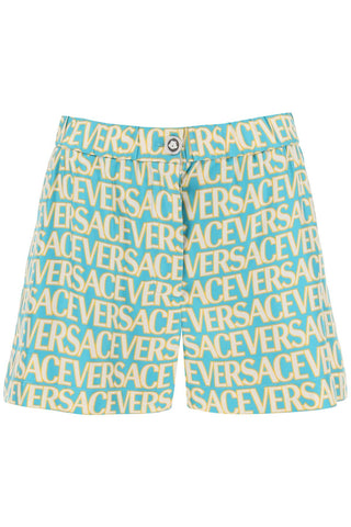 Versace 交織字母印花絲質短褲 1011291 1A08282 TURQUOISE AVORY