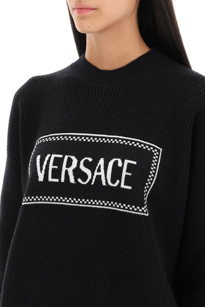 Versace crew-neck sweater with logo inlay 1011362 1A07842 BLACK WHITE
