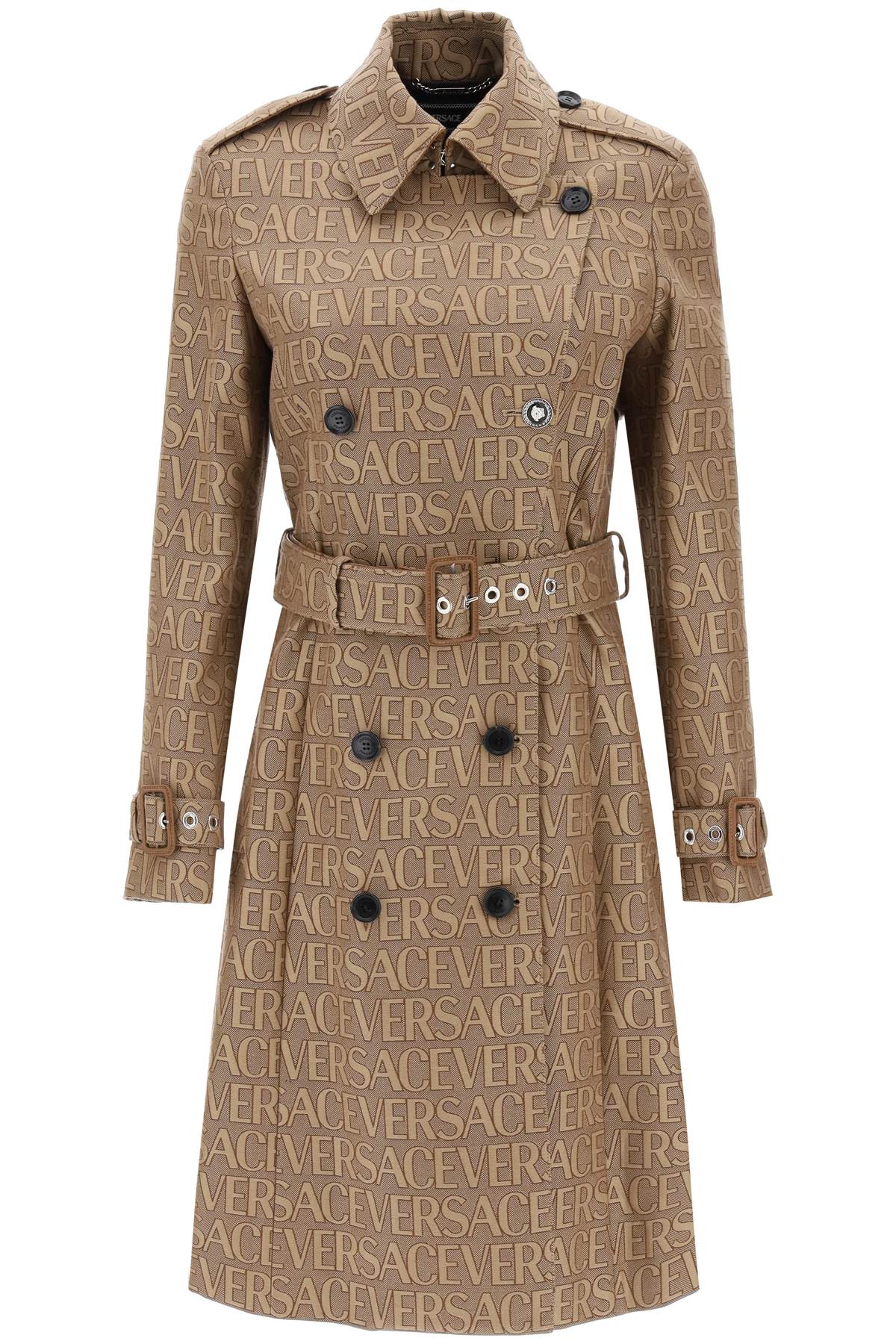 Versace 'versace allover' double-breasted trench coat 1011499 1A03315 BROWN BEIGE