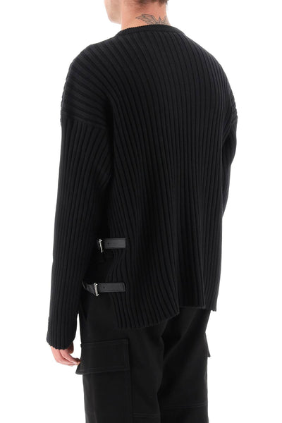 Versace 皮革肩帶羅紋針織毛衣 1011790 1A08069 黑色