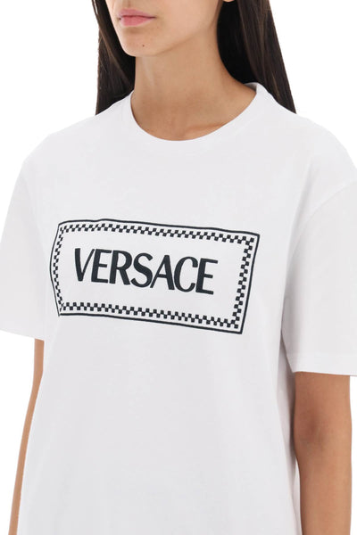Versace t-shirt with logo embroidery 1011882 1A08573 WHITE BLACK