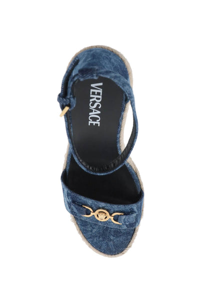 Versace 牛仔巴洛克坡跟涼鞋 1014100 1A10019 藍色 VERSACE 金色
