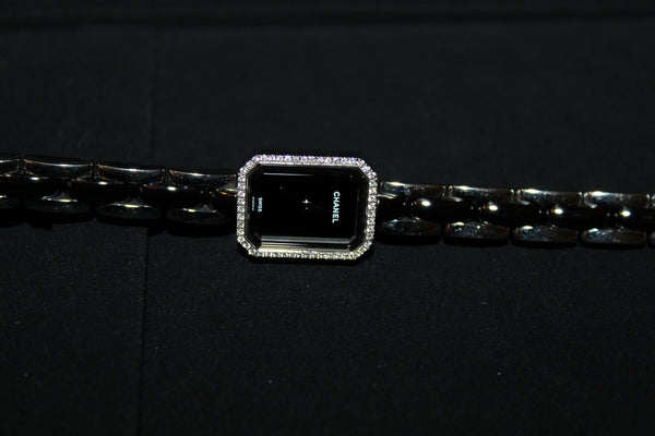香奈兒三排鋼和黑色陶瓷帶有鑽石premie're Mini Watch