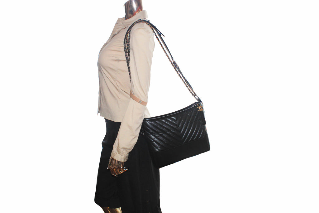 CHANEL White Black Quilted Aged Calfskin Medium Gabrielle Hobo Bag