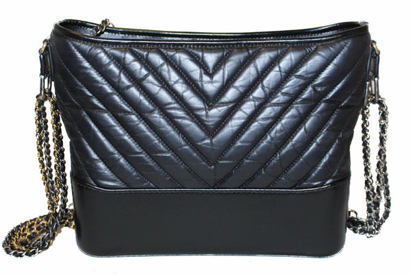 Chanel Medium Gabrielle Black Chevron Aged Calfskin Leather Hobo Bag