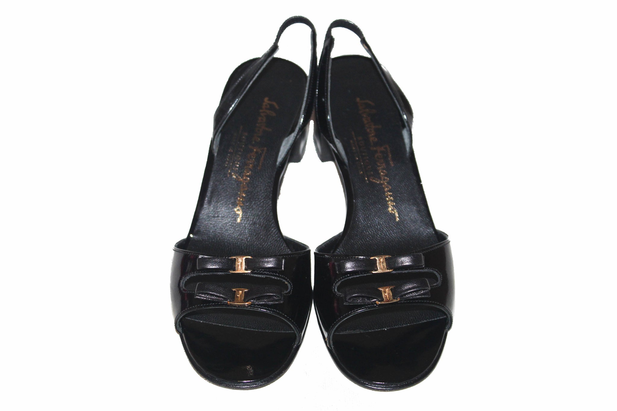 Salvatore Ferragamo Boutique Black Patent Leather Bow Slingback Sandal 5.5 B