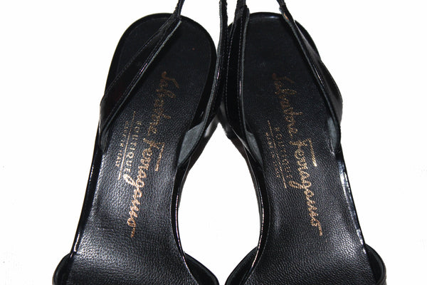 Salvatore Ferragamo Boutique Black Patent Leather Bow Slingback Sandal 5.5 B
