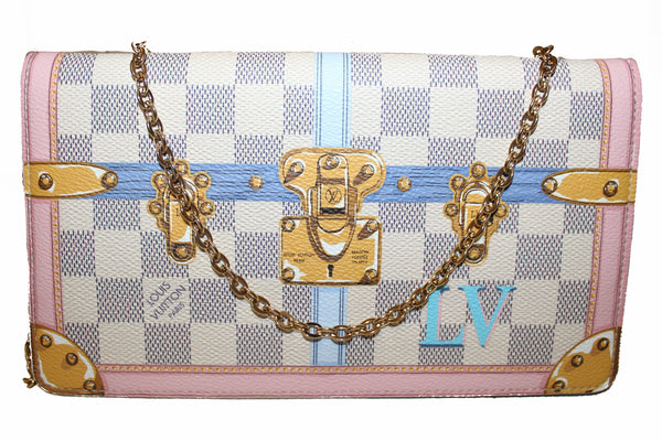 Louis Vuitton Damier Azur Canvas Trunks Weekend Pochette with Gold Chain Strap Shoulder Bag