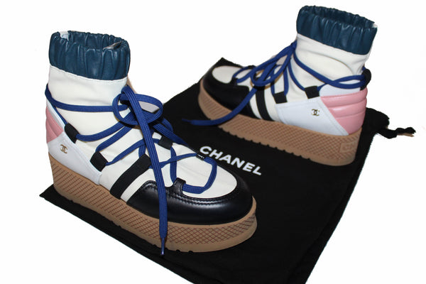 Chanel Lambskin & Mixed Fibers Ivory, Rose, Blue & Black Lace Up Platform Size 35.5 C