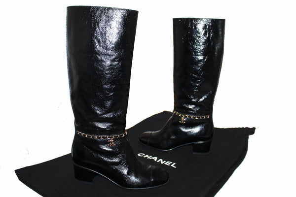 Chanel Black Patent Leather CC Logo Chain High Boots Size 36C