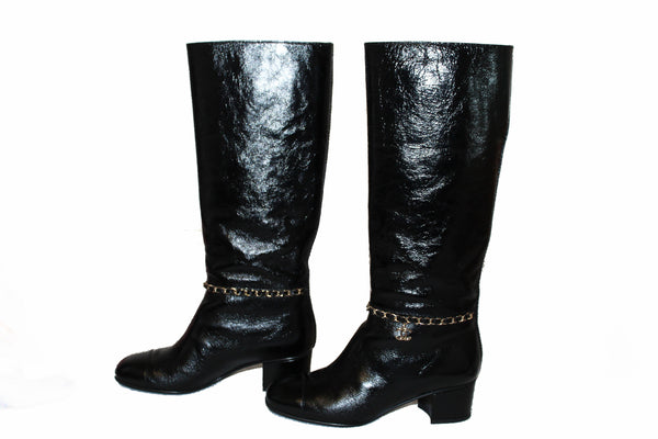 Chanel Black Patent Leather CC Logo Chain High Boots Size 36C