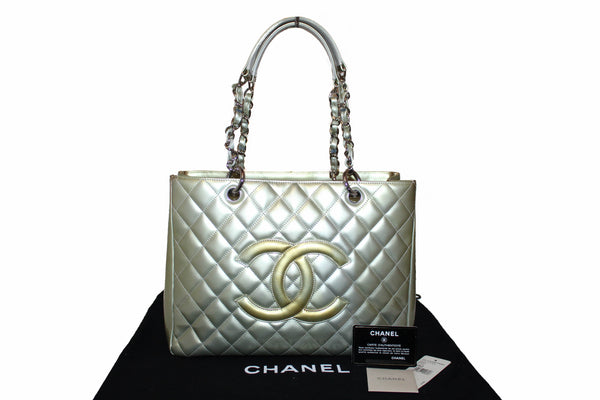 Chanel Silver Patent Quilted Leather Large Grand Shopping Tote Shoulder Bag