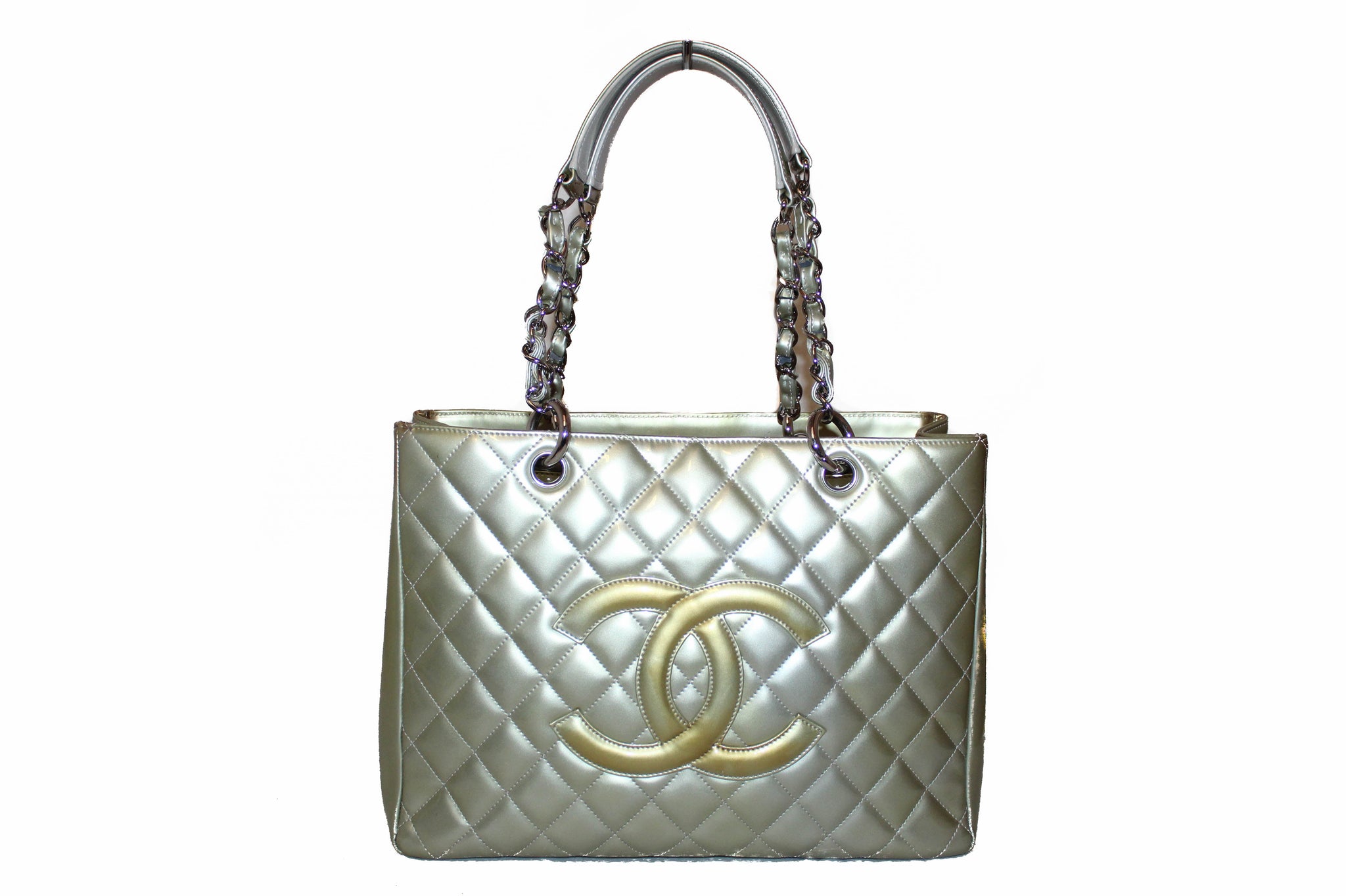 Chanel Silver Patent Quilted Leather Large Grand Shopping Tote