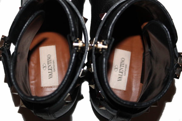 Valentino黑色皮革岩石史塔德顆粒狀小腿腳踝靴子鞋尺寸36