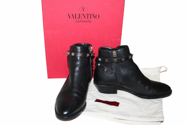 Valentino Black Leather Rockstud Grainy Calfskin Ankle Boots Shoes Size 36