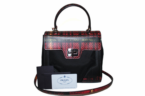 New Prada Red Plaid Tartan Saffiano Leather and Nylon Top Handle Messenger Bag with Long Strap