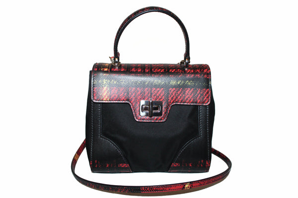 New Prada Red Plaid Tartan Saffiano Leather and Nylon Top Handle Messenger Bag with Long Strap
