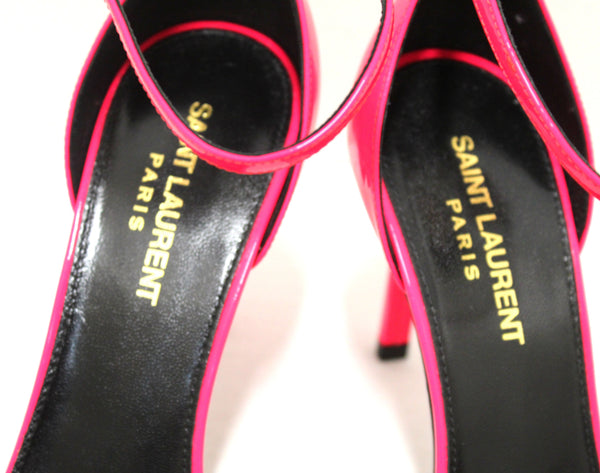 Saint Laurent Amber Ankle -Strap Pink Neon Patent Leather Sandal Size 38