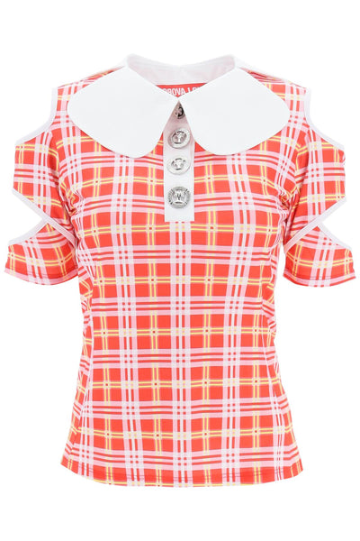 Chopova lowena tartan motif cut-out polo shirt 2161 RED MULTI