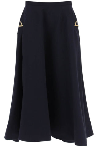 Valentino garavani 高級縐紗中長半身裙，飾有 V 金色細節 3B3RAA701CF 海軍藍
