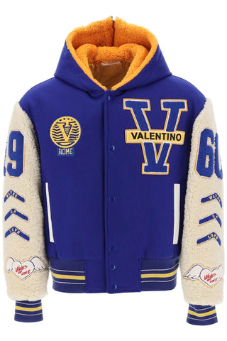 Valentino garavani varsity bomber jacket with shearling sleeves 3V3CIN559JU BLU BIANCO ARANCIONE