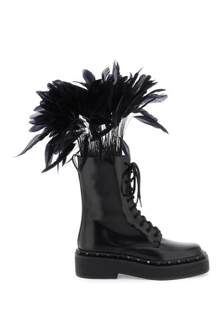 Valentino garavani leather m-way rockstud combat boots with feathers 3W0S0HZ3UCV NERO