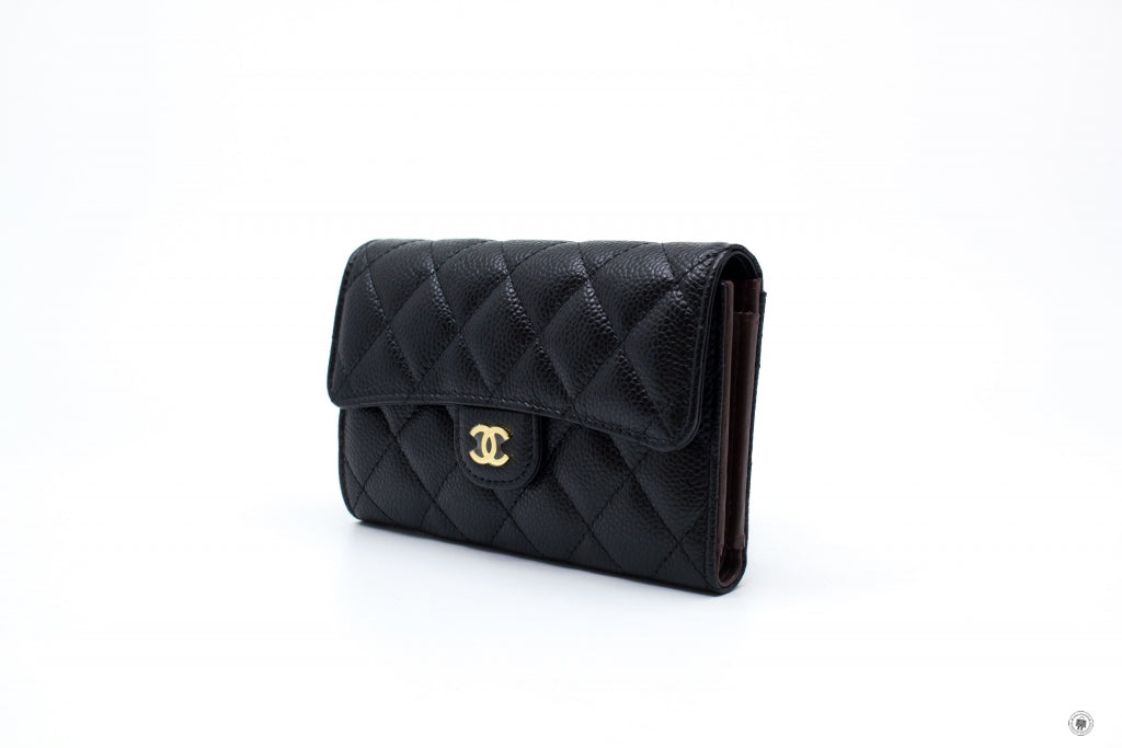 Chanel Black Quilted Caviar Classic Flap Wallet Pale Gold Hardware