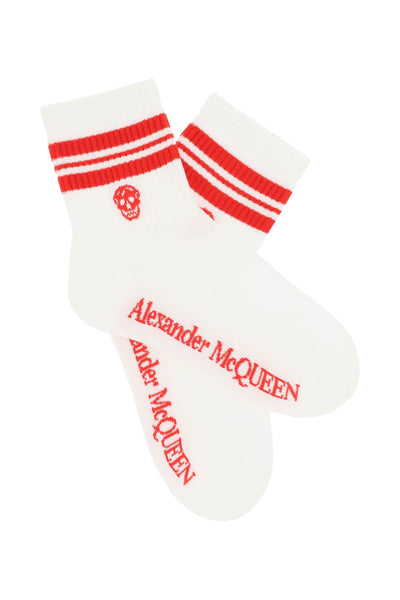 亞歷山大·麥昆（Alexander McQueen）條紋骷髏運動襪645423 3D17Q白色紅色