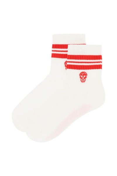亞歷山大·麥昆（Alexander McQueen）條紋骷髏運動襪645423 3D17Q白色紅色