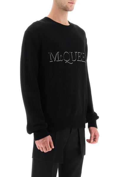 Alexander mcqueen sweater with logo embroidery 651184 Q1XAY BLACK BLACK WHITE