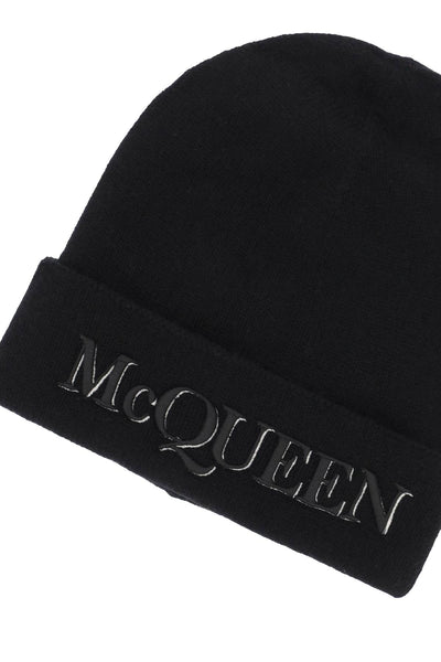 Alexander mcqueen 標誌刺繡羊絨毛帽 663195 4201Q 黑色象牙色