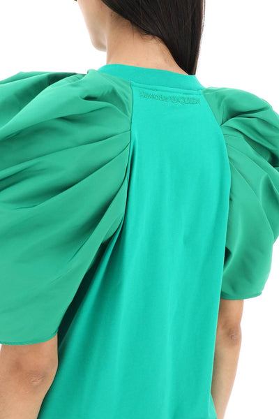 Alexander mcqueen t-shirt with ruched balloon sleeves in poly faille 754944 QLACU BRIGHT GREEN