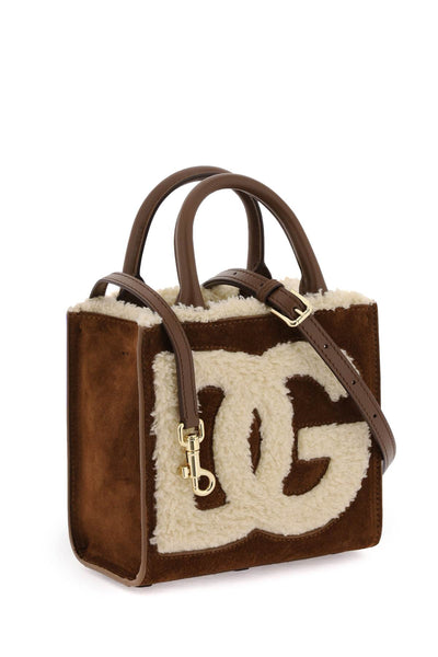 Dolce & gabbana dg daily small suede and shearling tote bag BB7479 AN339 MARRONE CAFFELATTE