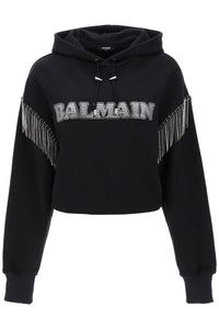 Balmain cropped hoodie with rhinestone-studded logo and crystal cupchains BF0JP033BC54 NOIR CRISTAL