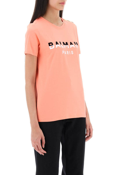 Balmain t-shirt with flocked print and gold-tone buttons BF1EF005BC46 SAUMON NOIR BLANC