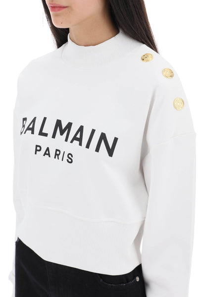 Balmain cropped sweatshirt with logo print and buttons BF1JO040BB02 BLANC NOIR