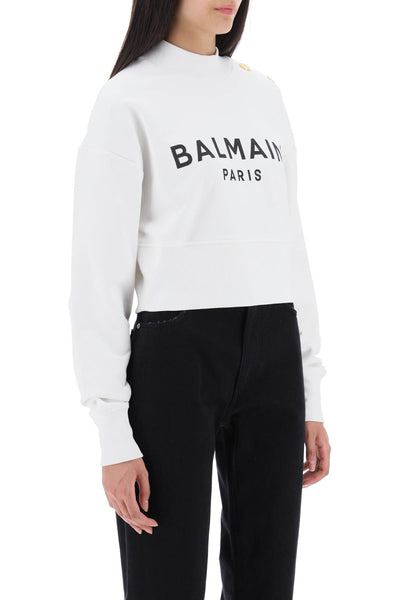 Balmain cropped sweatshirt with logo print and buttons BF1JO040BB02 BLANC NOIR