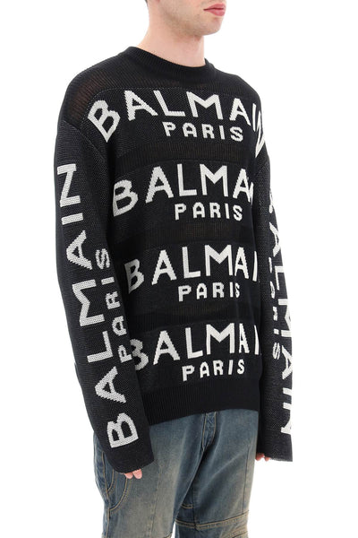 Balmain cotton pullover with all-over logo BH1KE010KE07 NOIR BLANC