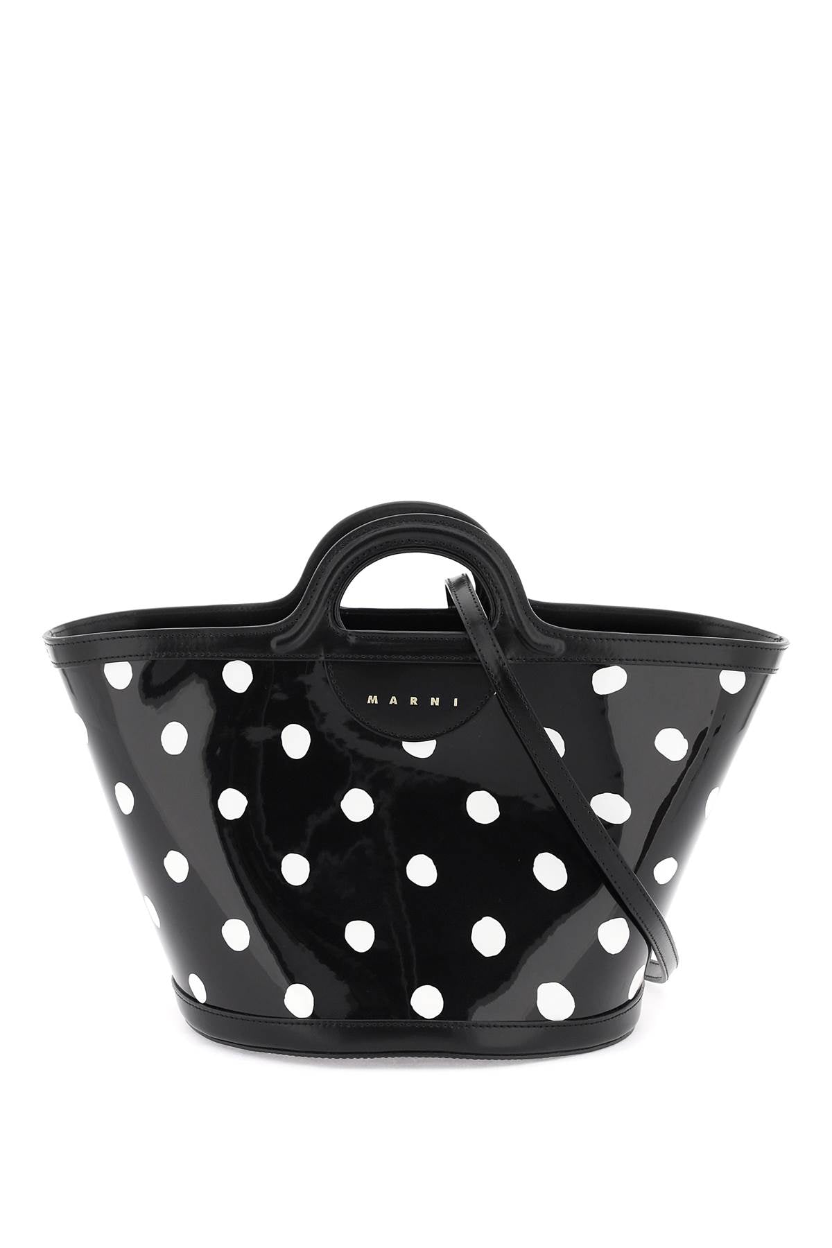 Marni patent leather tropicalia bucket bag with polka-dot pattern BMMP0097U1P6048 BLACK LILY WHITE